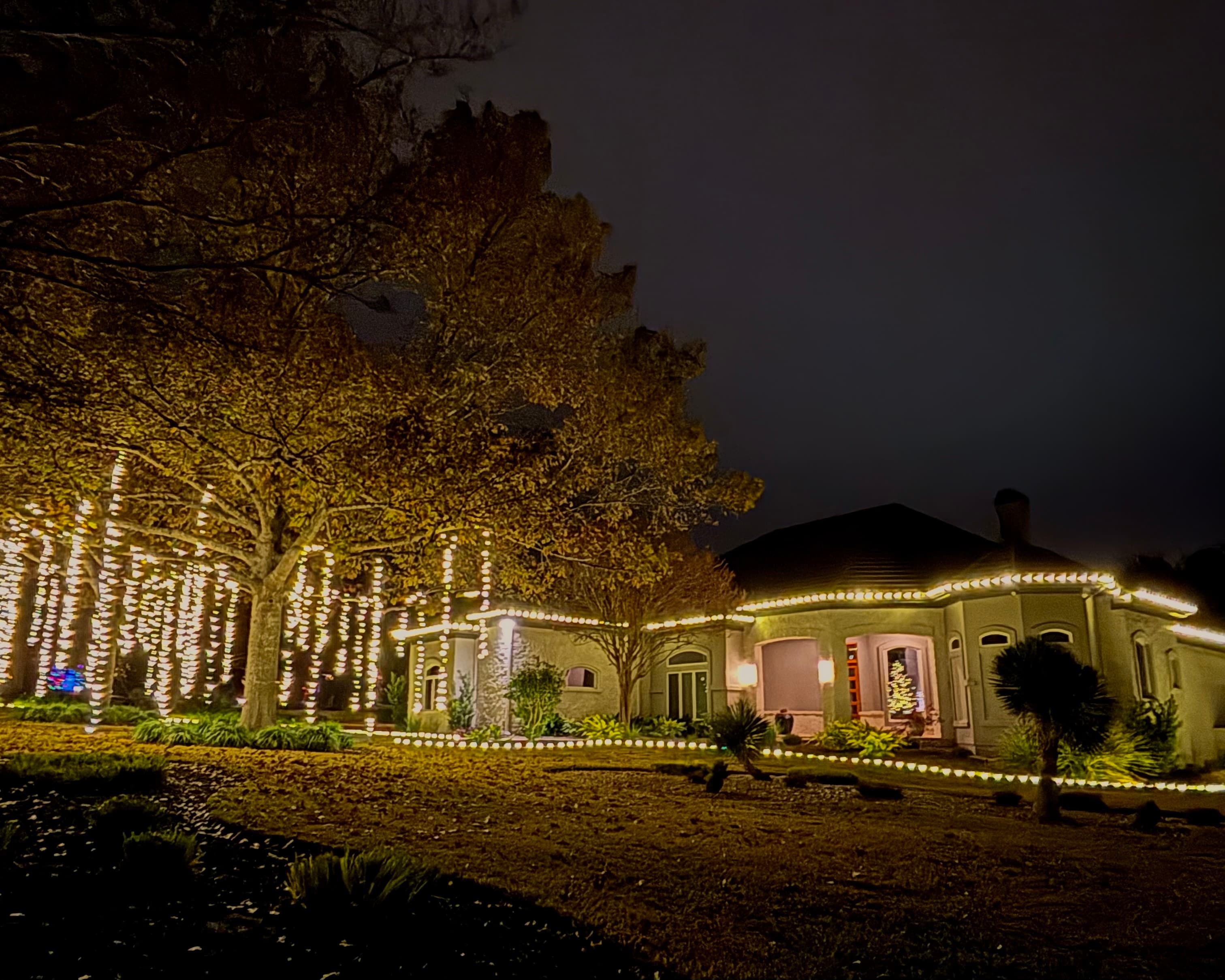 Atlanta home with full Christmas lighting on rooflines, columns, and shrubs